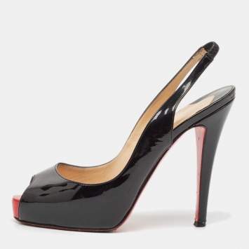 Pre Owned Christian Louboutin Black Patent Leather Private Number Slingback Sandals Size 35