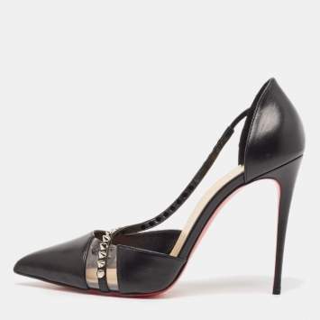 Pre Owned Christian Louboutin Black Leather And Pvc Spike Cross Pointed Toe Pumps Size 39