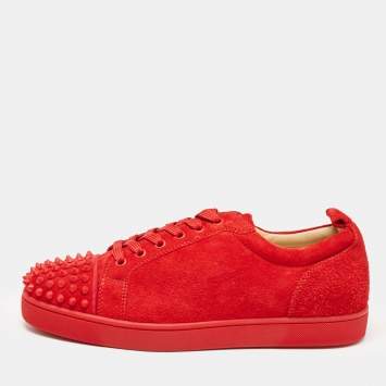 Pre Owned Christian Louboutin Red Suede Louis Junior Spikes Low Top Sneakers Size 41