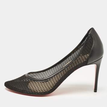Pre Owned Christian Louboutin Black Fishnet and Leather Filomena Pumps Size 37.5