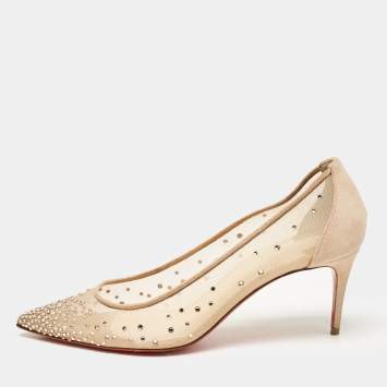 Pre Owned Christian Louboutin Beige Mesh and Suede Follies Strass Pointed Toe Pumps Size 38