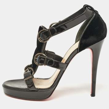 Christian Louboutin Black Patent Leather and Velvet Ankle Strap Sandals Size 39