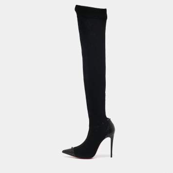 Pre Owned Christian Louboutin Black Knit Fabric and Leather Dovi Dova Knee Length Boots Size 38