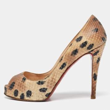 Pre Owned Christian Louboutin Beige/Black Snakeskin Leather Prive Platform Pumps Size 38.5