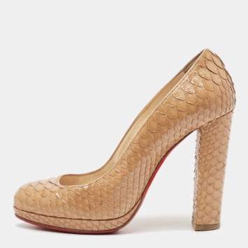 Pre Owned Christian Louboutin Beige Python Leather Block Heel Pumps Size 36.5