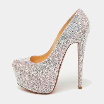 Pre Owned Christian Louboutin Silver/Pink Suede Crystal Embellished Daffodile Platform Pumps Size 37