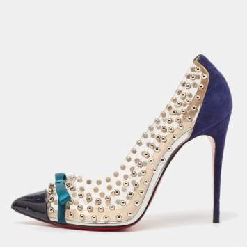 Pre Owned Christian Louboutin Blue Studded PVC and Suede Bille Et Boule Pumps Size 39
