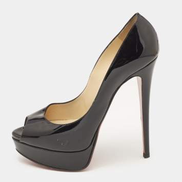 Pre Owned Christian Louboutin Black Patent Leather Lady Peep  Pumps Size 38