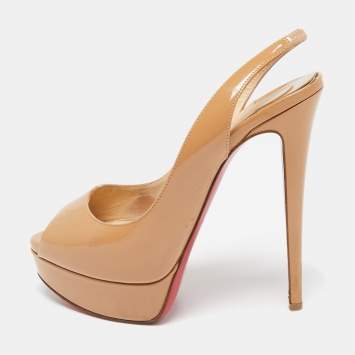 Pre Owned Christian Louboutin Beige Patent Leather Lady Peep Toe Slingback Pumps Size 38