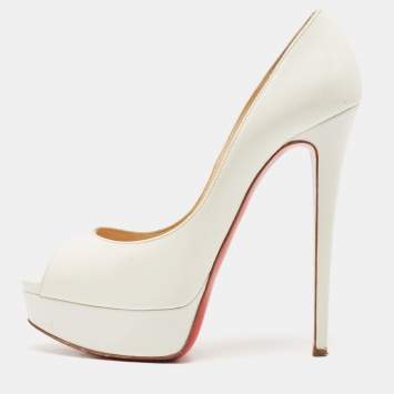 Pre Owned Christian Louboutin White Patent Leather Lady Peep Platform Pumps Size 38
