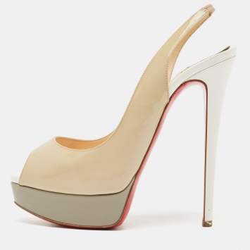 Pre Owned Christian Louboutin Beige/Grey Patent Leather Lady Peep Platform Slingback Pumps Size 38.5