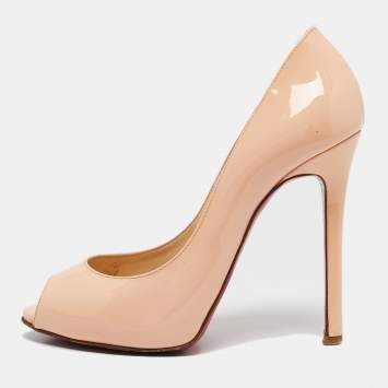 Pre Owned Christian Louboutin Peach Pink Patent Leather Flo Peep Toe Pumps Size 35