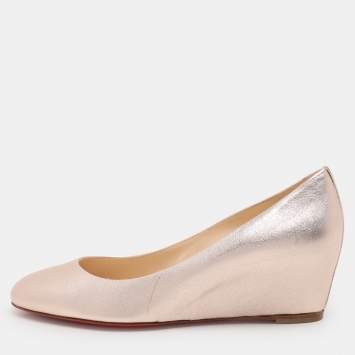 Pre Owned Christian Louboutin Rose Gold Leather RonRon Zeppa Wedge Pumps Size 37.5