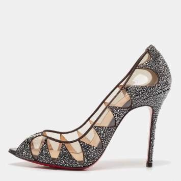 Pre Owned Christian Louboutin Grey Suede and PVC Crystal Indera Pumps Size 37.5