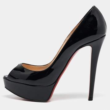 Pre Owned Christian Louboutin Black Patent Leather Lady Peep Pumps Size 37.5