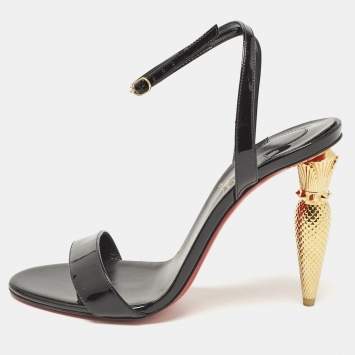 Pre Owned Christian Louboutin Black Patent Leather Lip Queen 100  Sandals Size 38.5