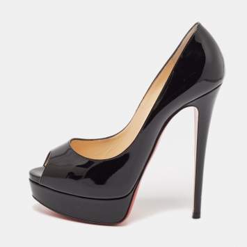 Pre Owned Christian Louboutin Black Patent Leather Lady Peep Pumps Size 38