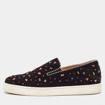 Christian Louboutin Black Suede Crystal Boat Slip On Sneakers Size 40