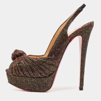 Pre Owned Christian Louboutin Black/Gold Lurex Fabric Jenny Slingback Pumps Size 37.5