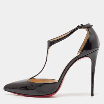 Pre Owned Christian Louboutin Black Patent Leather J String T-Strap Pumps Size 38.5