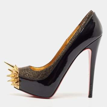 Pre Owned Christian Louboutin Black/Gold Patent Leather and Lurex Fabric Asteroid Spike Pumps Size 36.5