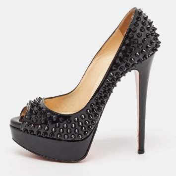 Pre Owned Christian Louboutin Black Patent Lady Peep Spikes Pumps Size 35