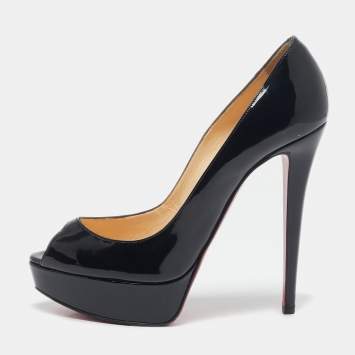 Pre Owned Christian Louboutin Black Patent Leather Lady Peep Pumps Size 39
