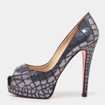 Pre Owned Christian Louboutin Slate Grey/Black Patent and Satin Mosaic Sobek Platform Pumps Size 36