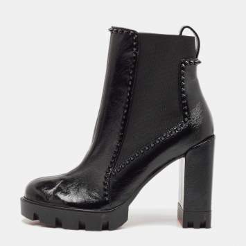 Pre Owned Christian Louboutin Black Leather Out Lina Spike Heeled Boots Size 39.5