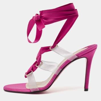 Christian Louboutin Pink/Transparent Satin and PVC Ankle Wrap Sandals Size 38.5