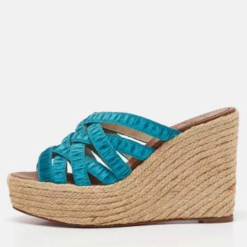 Christian Louboutin Blue Fabric Crepon Wedge Sandals Size 36