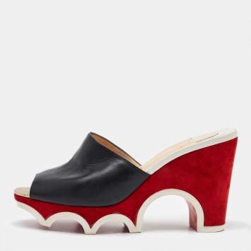 Pre Owned Christian Louboutin Black Leather Mulacramp Platform Wedge Sandals Size 40