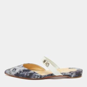 Christian Louboutin Grey/White Canvas and Leather Choc Lock Flat Mules Size 36.5