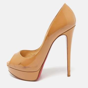 Christian Louboutin Beige Patent Leather Lady Peep Pumps Size 38.5