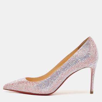 Pre Owned Christian Louboutin Pink/Silver Crystal Embellished Suede Kate Pumps Size 36  