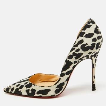 Pre Owned Christian Louboutin Black/Beige Animal Print Satin Iriza D'orsay Pumps Size 34