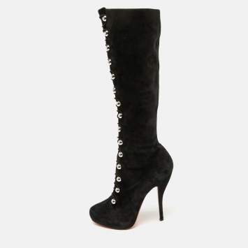 Pre Owned Christian Louboutin Black Suede Leather Fabiola Knee Length Boots Size 39
