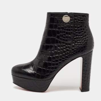 Christian Louboutin Black Croc Embossed Leather Ankle Length Boots Size 39