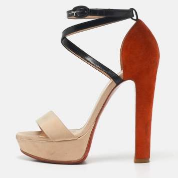 Pre Owned Christian Louboutin Tricolor Suede and Leather Platform Ankle Strap Sandals Size 36