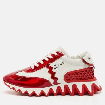Pre Owned Christian Louboutin White/Red Patent and Leather Loubishark Sneakers Size 37
