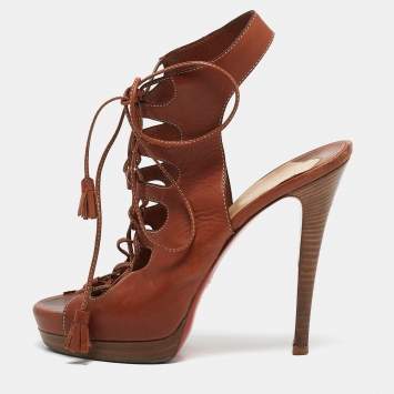 Christian Louboutin Brown Cut Out Leather Ankle Strap Sandals Size 39