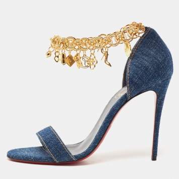 Pre Owned Christian Louboutin Navy Blue Denim Gourmi Chain Ankle Strap Sandals Size 39.5