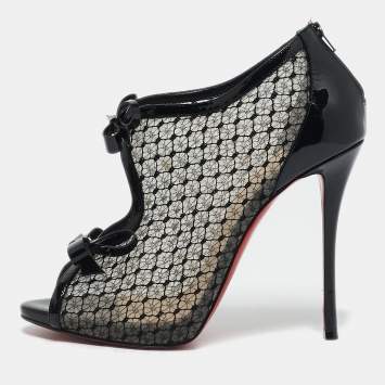 Pre Owned Christian Louboutin Black Patent Leather and Mesh Empiralta Booties Size 40