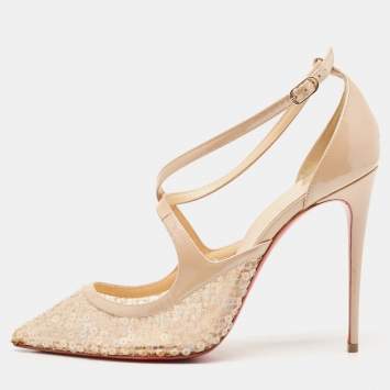 Pre Owned Christian Louboutin Beige Patent Leather and Sequins Twistissima Pumps Size 40