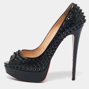 Pre Owned Christian Louboutin Black Patent Leather Lady Peep Spikes Platform Pumps Size 39.5