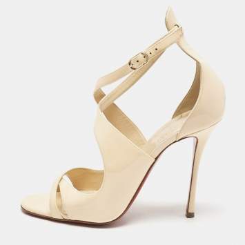 Pre Owned Christian Louboutin Beige Patent Leather Malefissima Ankle Strap Sandals Size 39.5
