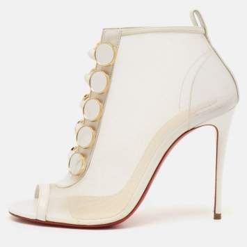 Pre Owned Christian Louboutin White Mesh and Leather Marika Ankle Length Boots Size 36.5