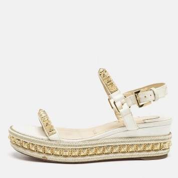 Pre Owned Christian Louboutin White Leather Pyraclou Platform Sandals Size 36