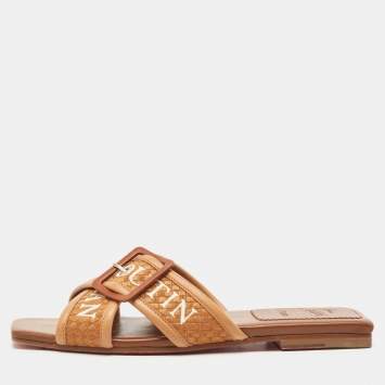 Pre Owned Christian Louboutin Brown Logo Canvas and Leather Crossimule Flat Slides Size 40