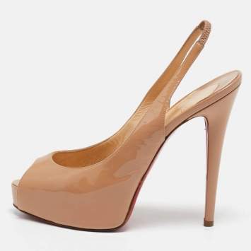 Pre Owned Christian Louboutin Beige Patent Leather Private Number Slingback Pumps Size 38
